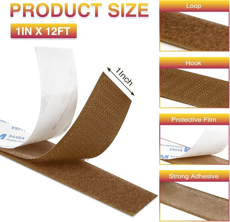 Summerbrite 12ft x 1 Inch Hook and Loop Tape, Heavy Duty Double-Sided Adhesive Strips, Strong Sticky Back Fastener, Cuttable Interlocking Tape Fasteners for Home, Office, Car, School & DIY Crafts (Brown) - Image 2